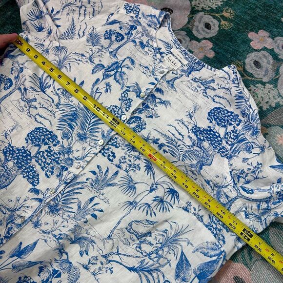 Nicole Miller Blouse Tunic 1X Blue White Linen Floral Long Sleeve Button Toile - Picture 8 of 16